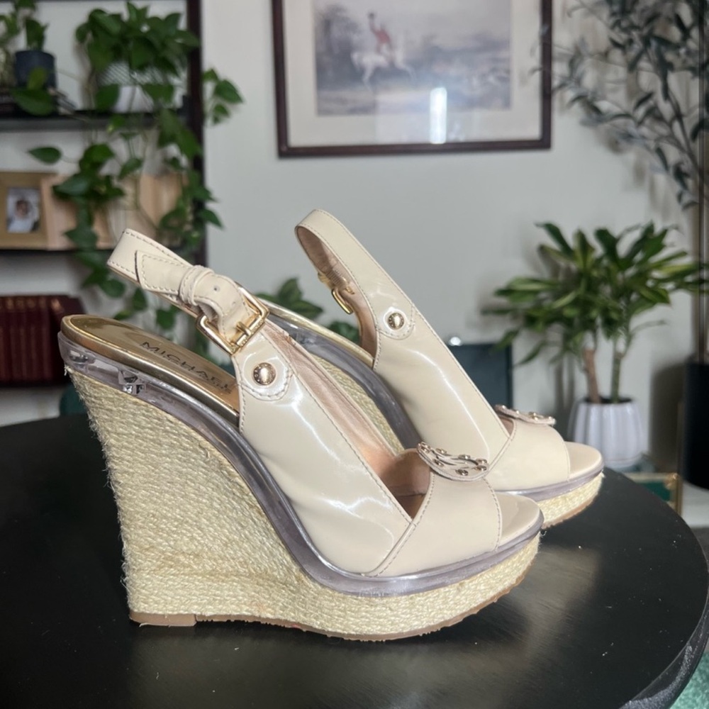 Michael Kors Beige Patent Leather Wedge Sandals - Picture 2 of 6